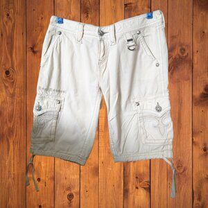 Rock Revival Women's Size 27 Beige Cargo Shorts Embroidered Tie Leg Utility